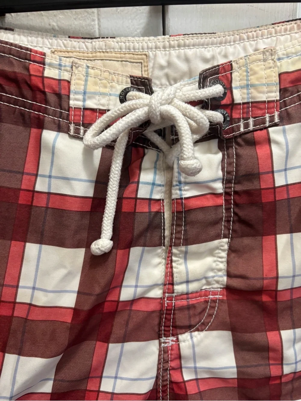Hollister Men's Red Plaid Swim Board Shorts - Lightweight Quick-Dry